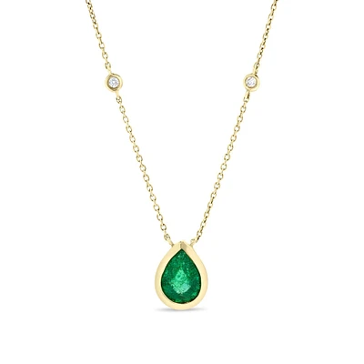 Yellow Gold Bezel-Set Pear Cut Emerald and Diamond Station Pendant