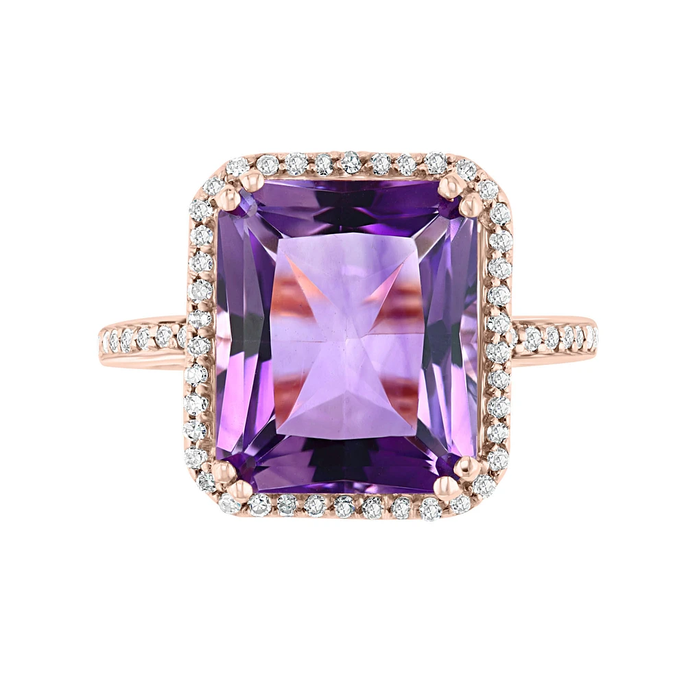 Rose Gold and Amethyst Ring with Diamond Halo