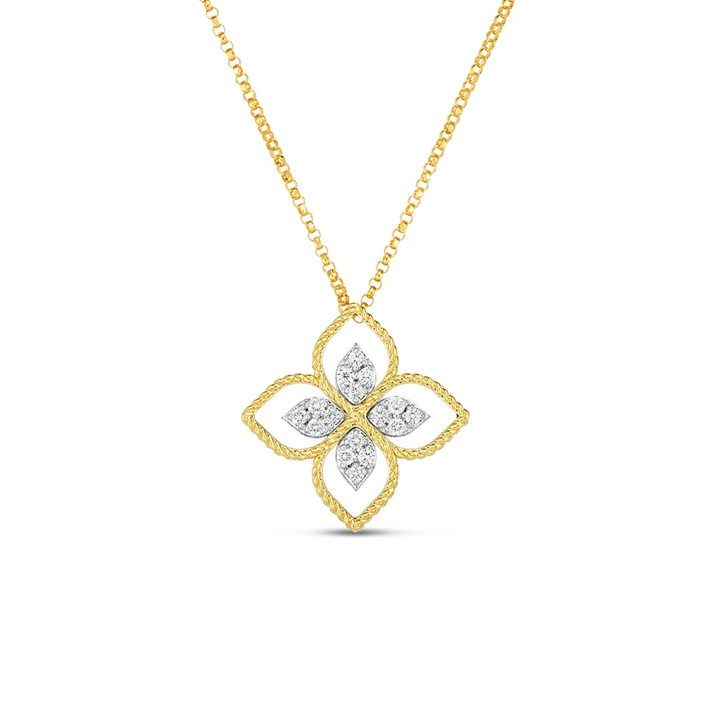 Princess Flower Large Filigree Yellow Gold and Diamond Pendant Necklace