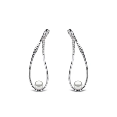 Sleek  White Gold Pearl and Diamond Earrings