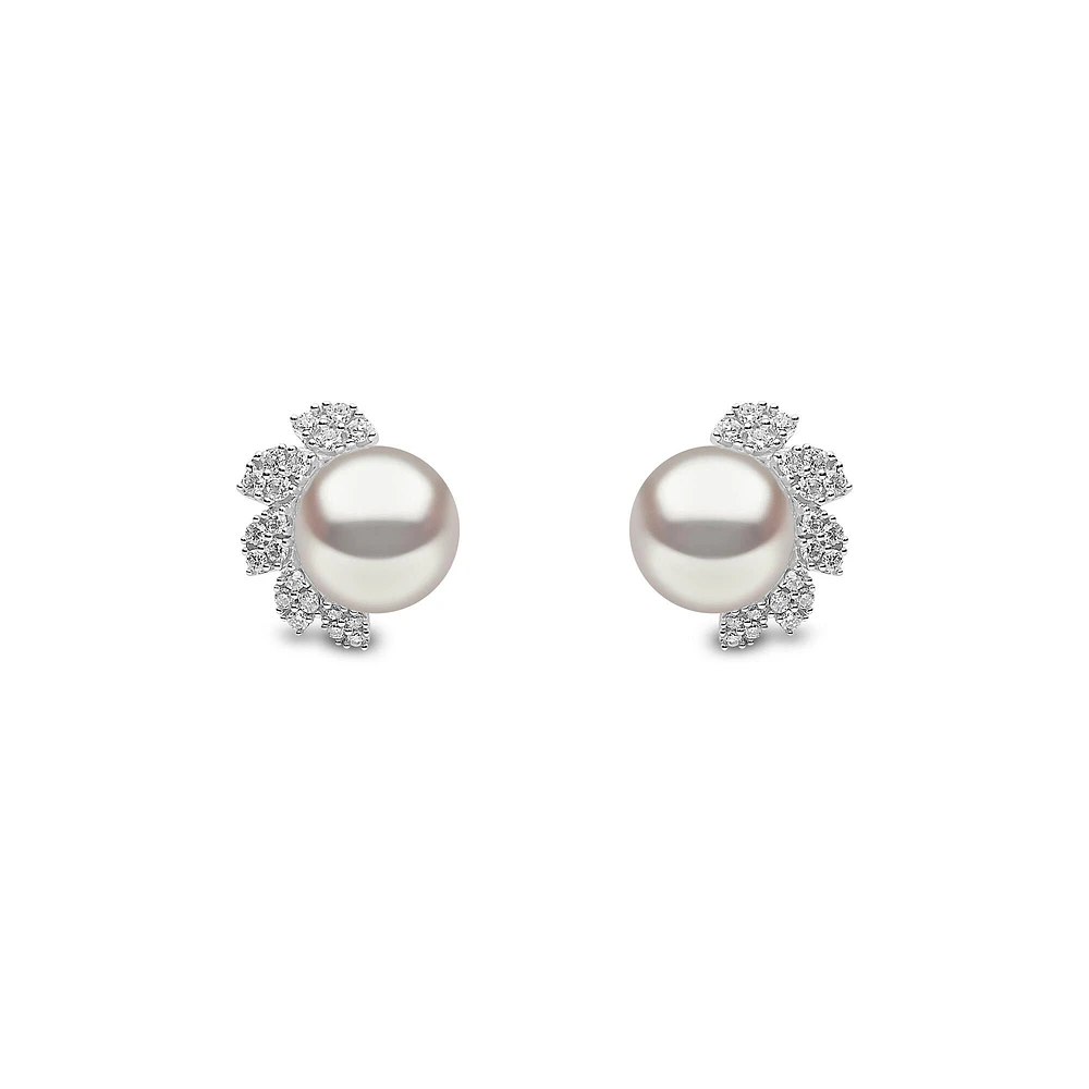 Trend White Gold Pearl and Diamond Stud Earrings