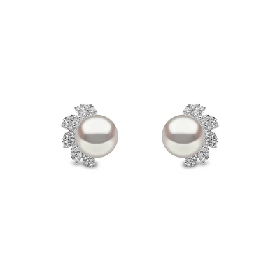 Trend White Gold Pearl and Diamond Stud Earrings