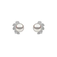 Trend White Gold Pearl and Diamond Stud Earrings