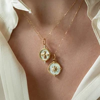 Sun, Moon & Stars Mini Compass Yellow Gold, Mother-of-Pearl and Diamond Pendant