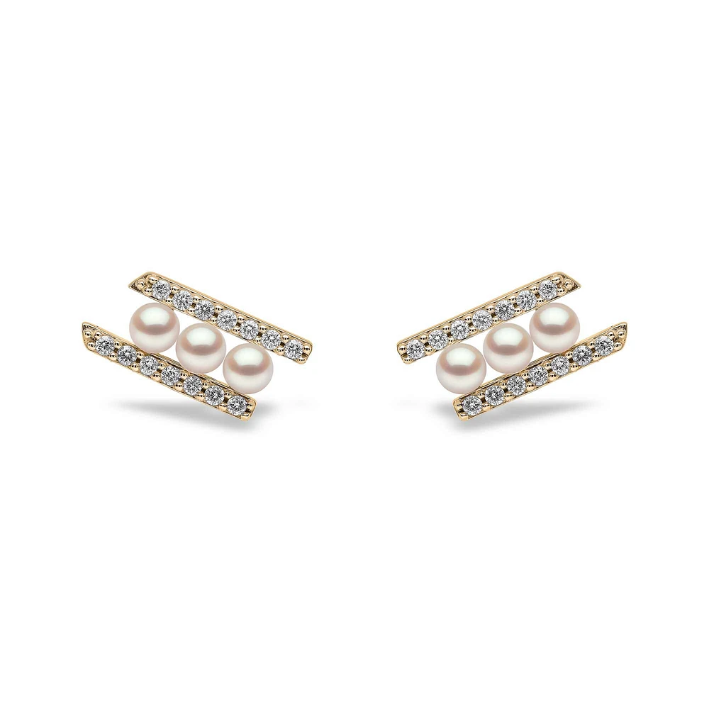 Sleek Yellow Gold Pearl and Diamond Earrings