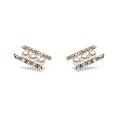 Sleek Yellow Gold Pearl and Diamond Earrings