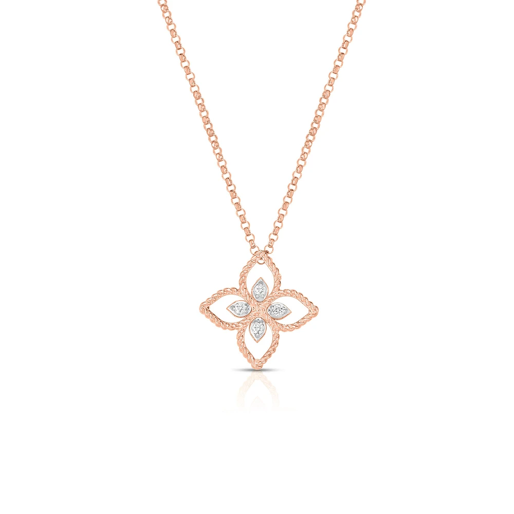 Princess Flower Filigree Small Rose Gold and Diamond Pendant Necklace