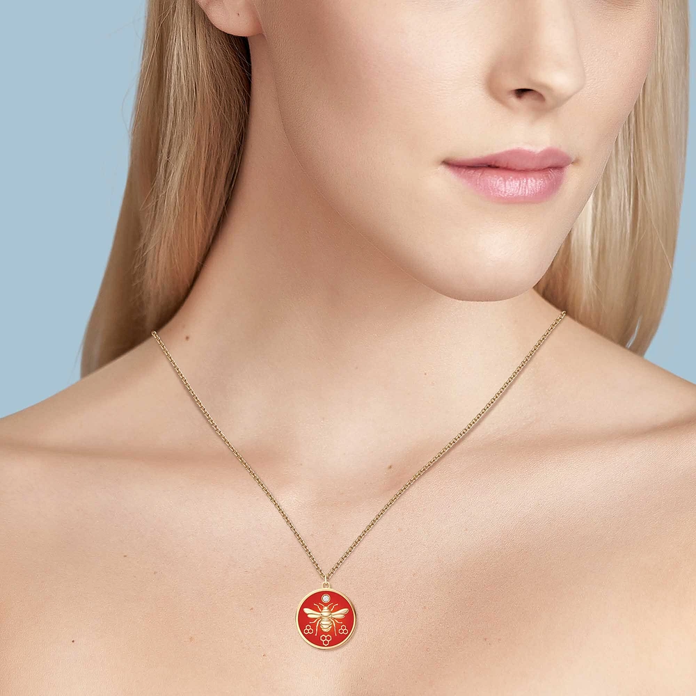 Large Red Enamel and Diamond Round Medallion Necklace in Yellow Gold
