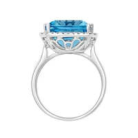 White Gold Emerald Cut Swiss Blue Topaz and Diamond Ring