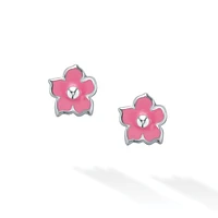 Pink Enamel and Silver Stud Flower Earrings for Kids