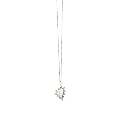 Gemstone Heart Midi Heart Silver, Mother-of-Pearl and White Sapphire Charm Necklace