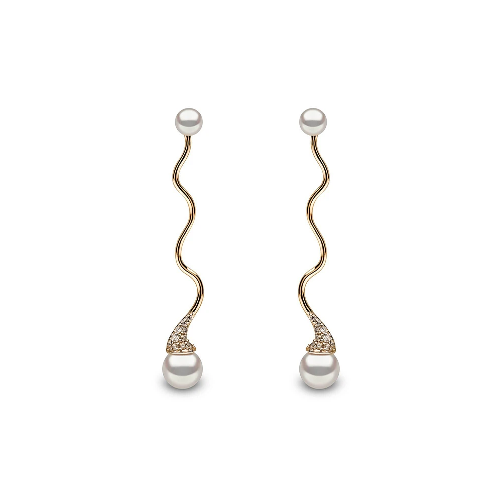 Sleek Yellow Gold Pearl and Diamond Earrings