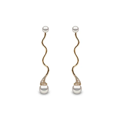 Sleek Yellow Gold Pearl and Diamond Earrings