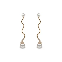 Sleek Yellow Gold Pearl and Diamond Earrings