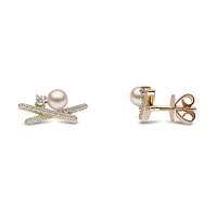 Sleek Yellow Gold Pearl and Diamond Earrings