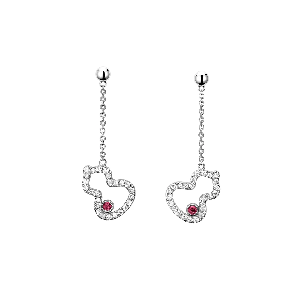 Wulu Petite White Gold, Diamond Pavé and Ruby Drop Earrings