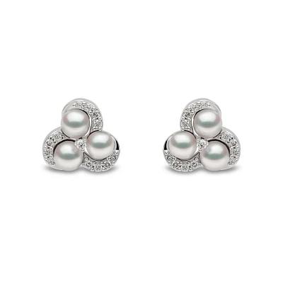 Sleek White Gold Pearl and Diamond Stud Earrings