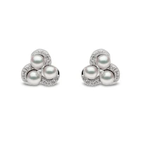 Sleek White Gold Pearl and Diamond Stud Earrings