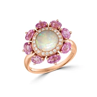 Pink Sapphire and Opal Flower Ring with Diamond Accents