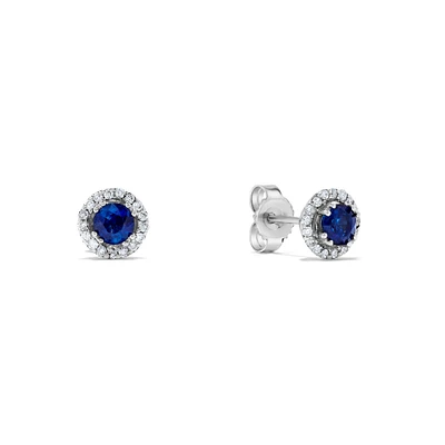 White Gold Sapphire Stud Earrings with Diamond Pavé