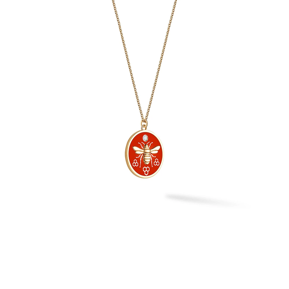 Large Red Enamel and Diamond Round Medallion Necklace in Yellow Gold