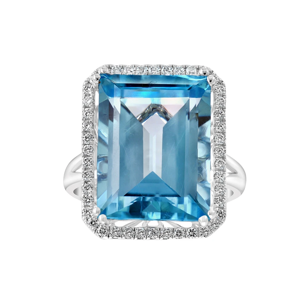 White Gold Emerald Cut Swiss Blue Topaz and Diamond Ring