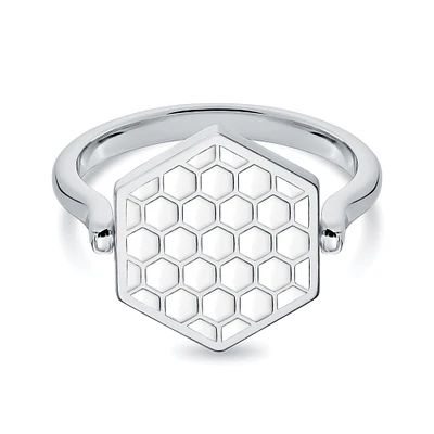 Hexagonal White Enamel Reversible Sterling Silver Ring-6