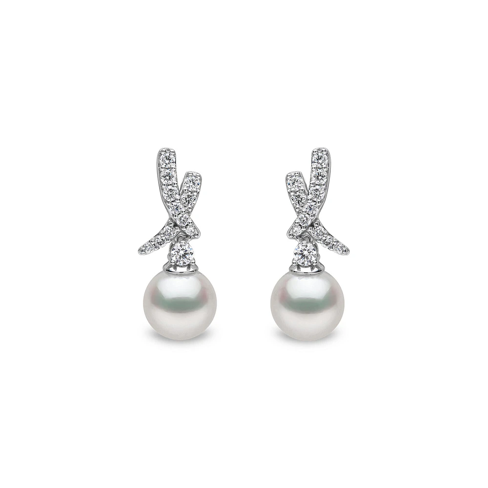 Sleek White Gold, Pearl and Diamond Pavé Cross Stud Earrings