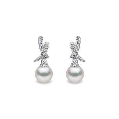 Sleek White Gold, Pearl and Diamond Pavé Cross Stud Earrings