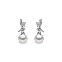 Sleek White Gold, Pearl and Diamond Pavé Cross Stud Earrings