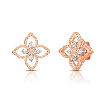 Princess Flower Filigree Rose Gold and Diamond Stud Earrings