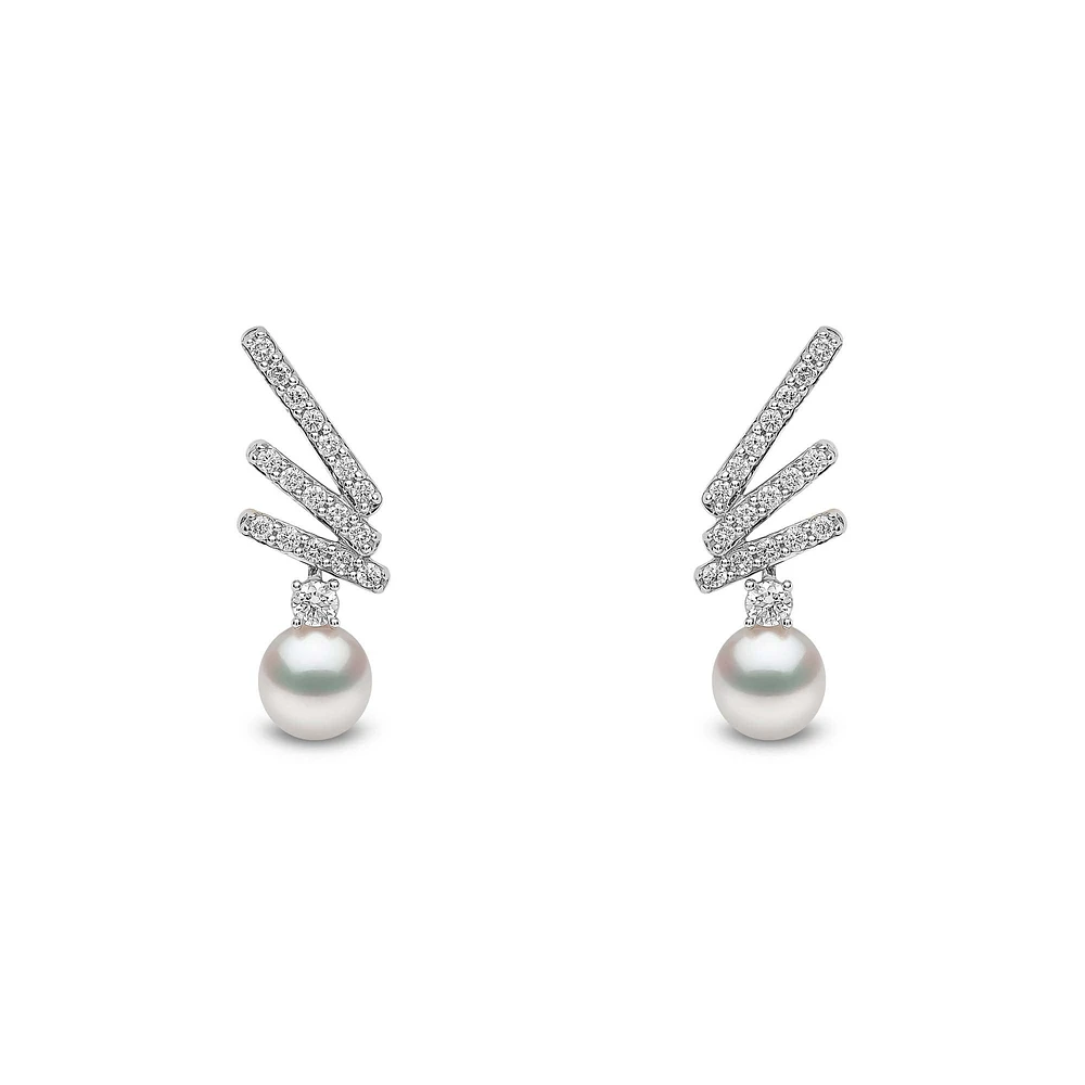 Sleek Gold Pearl and Diamond Earrings