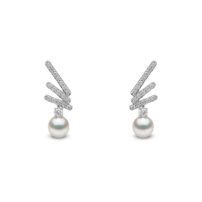 Sleek Gold Pearl and Diamond Earrings