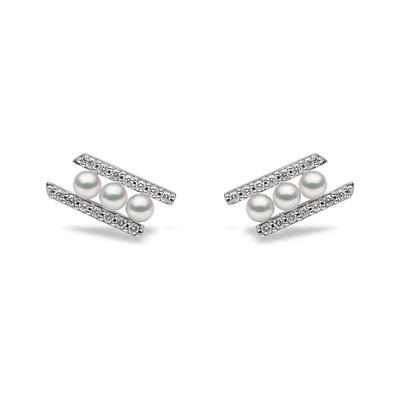 Sleek Gold Pearl and Diamond Earrings