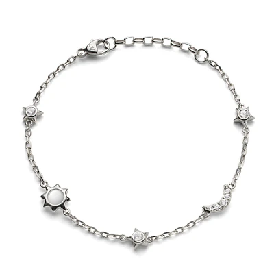 Petite Sun, Moon and Stars Silver, Moonstone and White Sapphire Bracelet