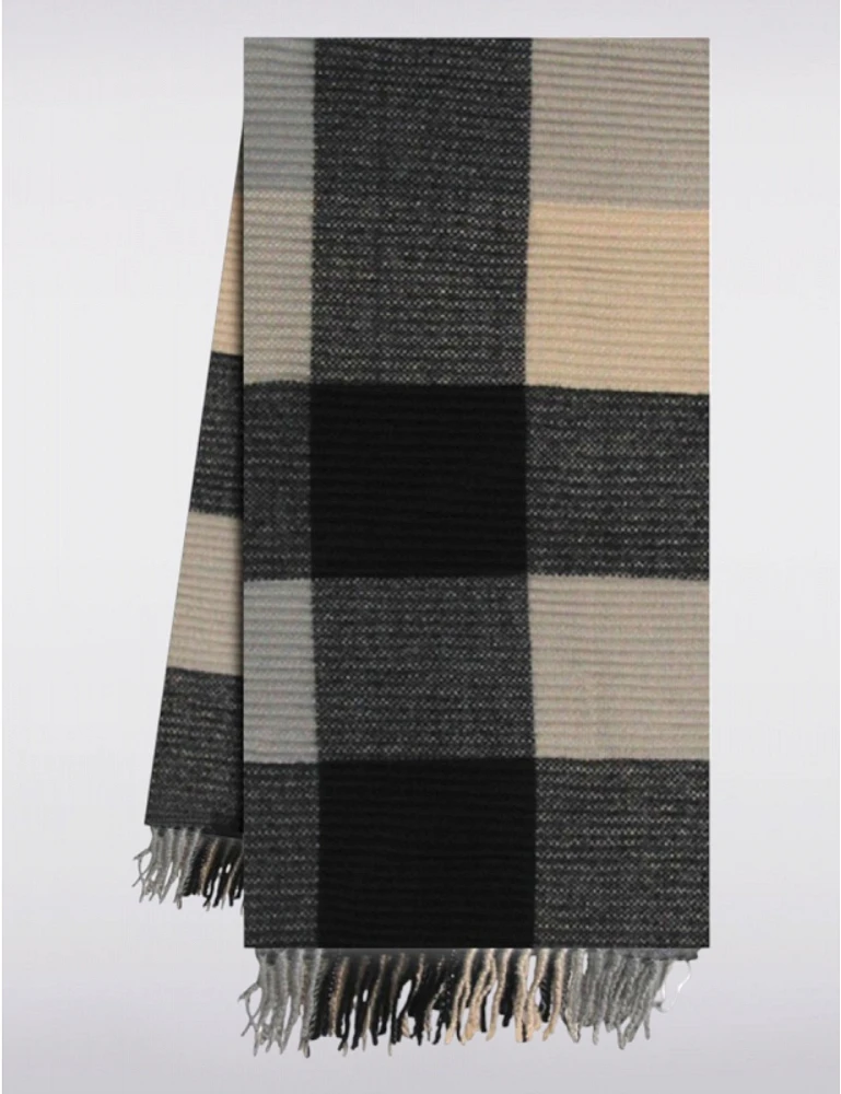 Manteaux Manteaux | La maison du manteau au Québec Foulard Noir Cozy à Carreaux Plissés en Coton Mélangé avec Franges par Saki