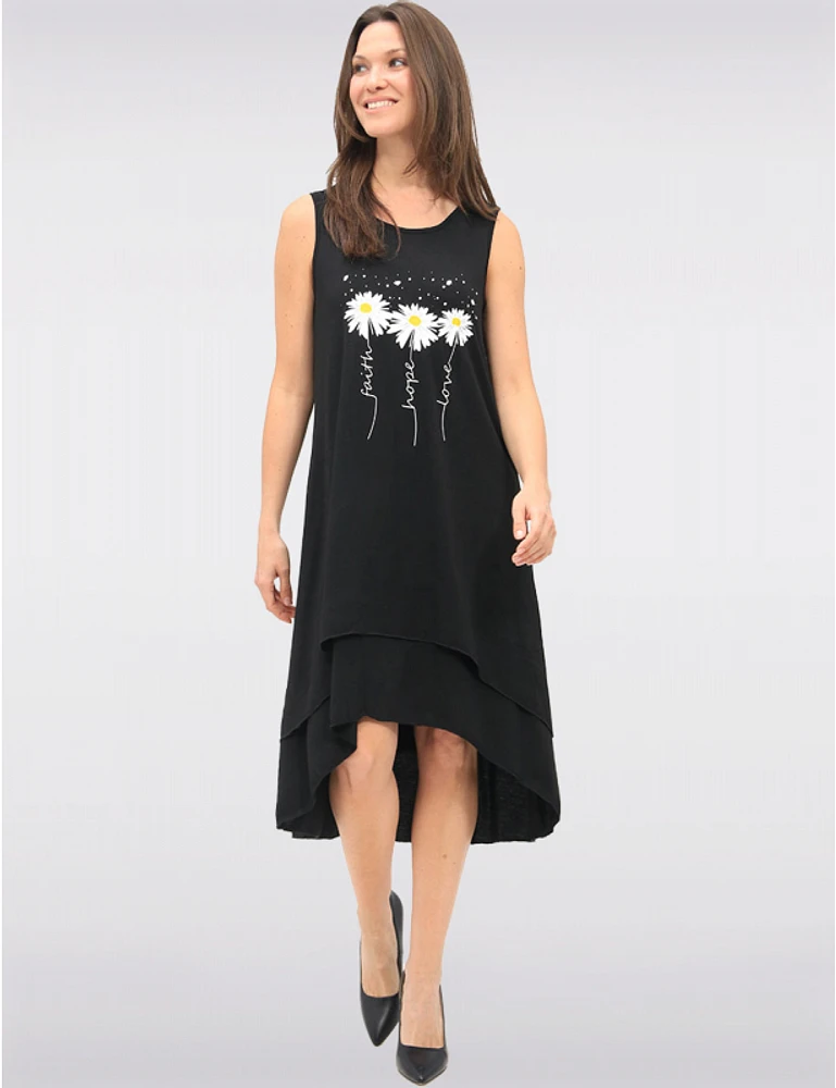 Manteaux | La maison du manteau au Québec Robe Noire Sans Manches à Imprimé Marguerites & Ourlet Asymétrique par Fun Sport