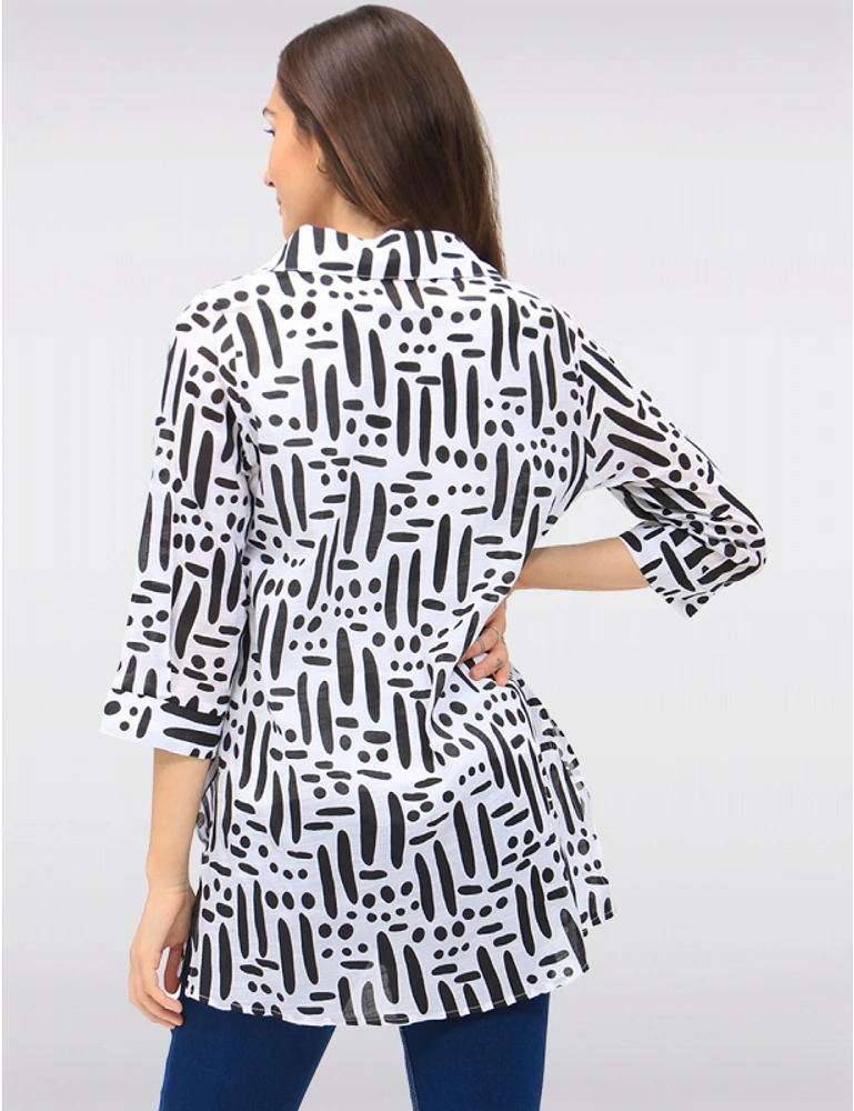 Manteaux | La maison du manteau au Québec Blouse N/b Boutonnée Imprimé à Manches 3/4 et Fentes Latérales par Goa