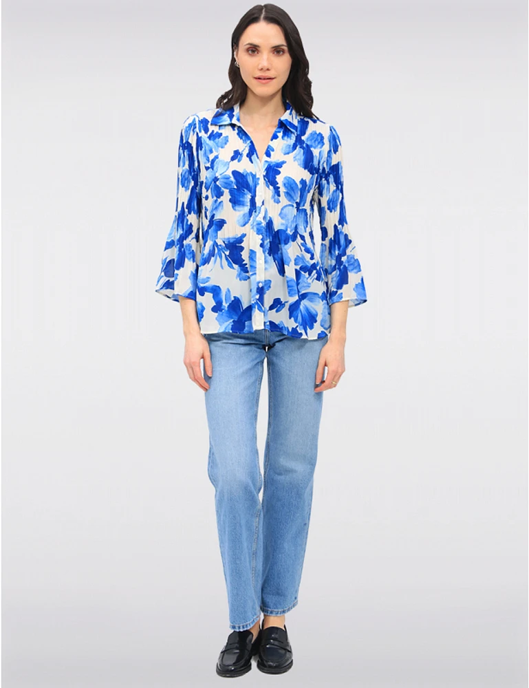 Manteaux | La maison du manteau au Québec Blouse Plissée à Imprimé Floral Manches Évasées 3/4 & Col Chemise par Ninety