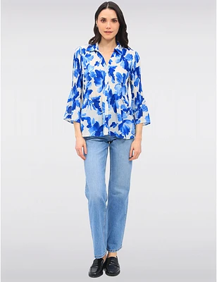 Manteaux | La maison du manteau au Québec Blouse Plissée à Imprimé Floral Manches Évasées 3/4 & Col Chemise par Ninety