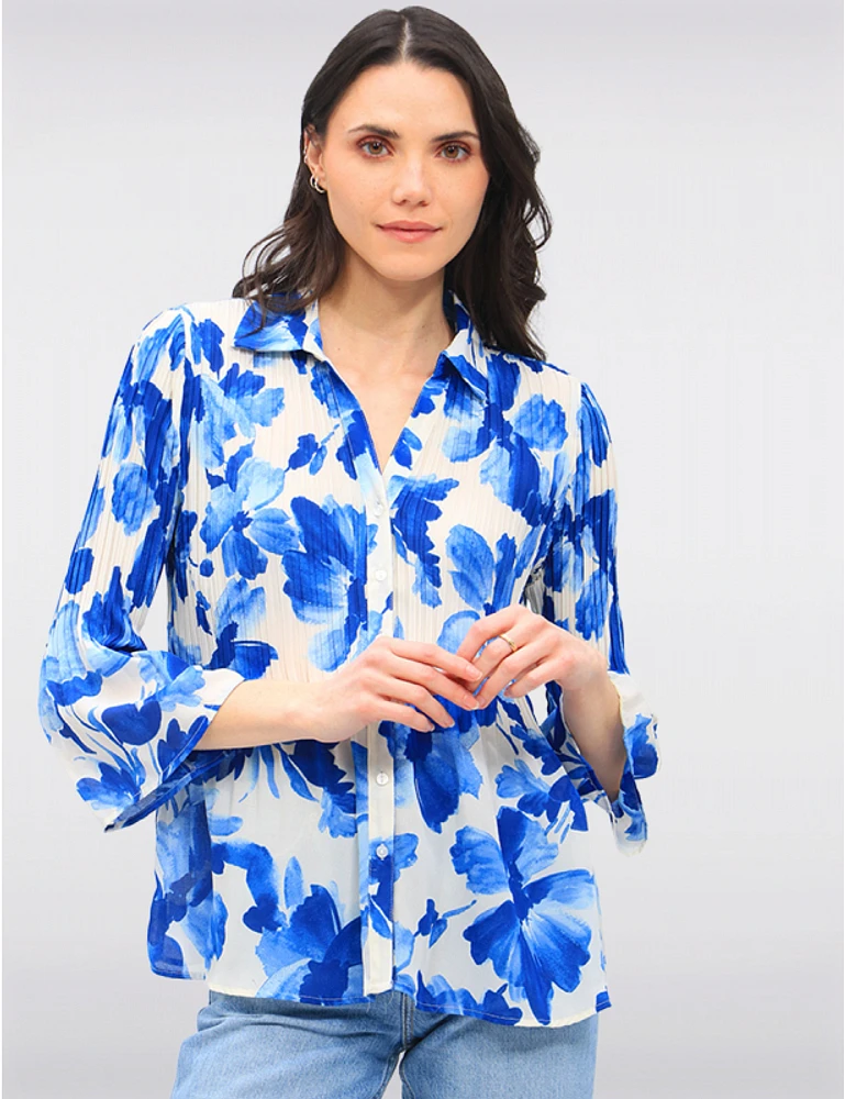 Manteaux | La maison du manteau au Québec Blouse Plissée à Imprimé Floral Manches Évasées 3/4 & Col Chemise par Ninety