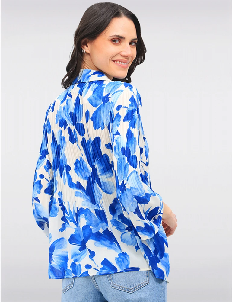 Manteaux | La maison du manteau au Québec Blouse Plissée à Imprimé Floral Manches Évasées 3/4 & Col Chemise par Ninety