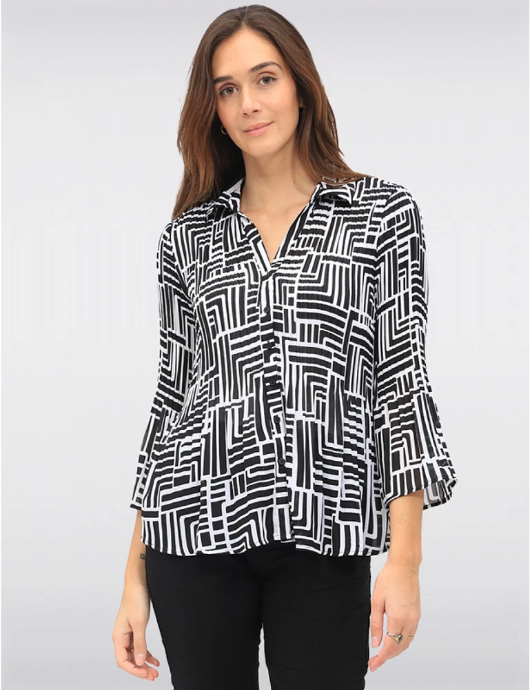 Manteaux | La maison du manteau au Québec Blouse Chic à Imprimé N/B Plissée Boutonnée Manches Évasées par Ninety