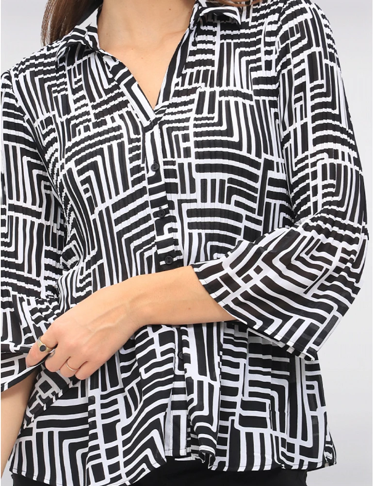 Manteaux | La maison du manteau au Québec Blouse Chic à Imprimé N/B Plissée Boutonnée Manches Évasées par Ninety
