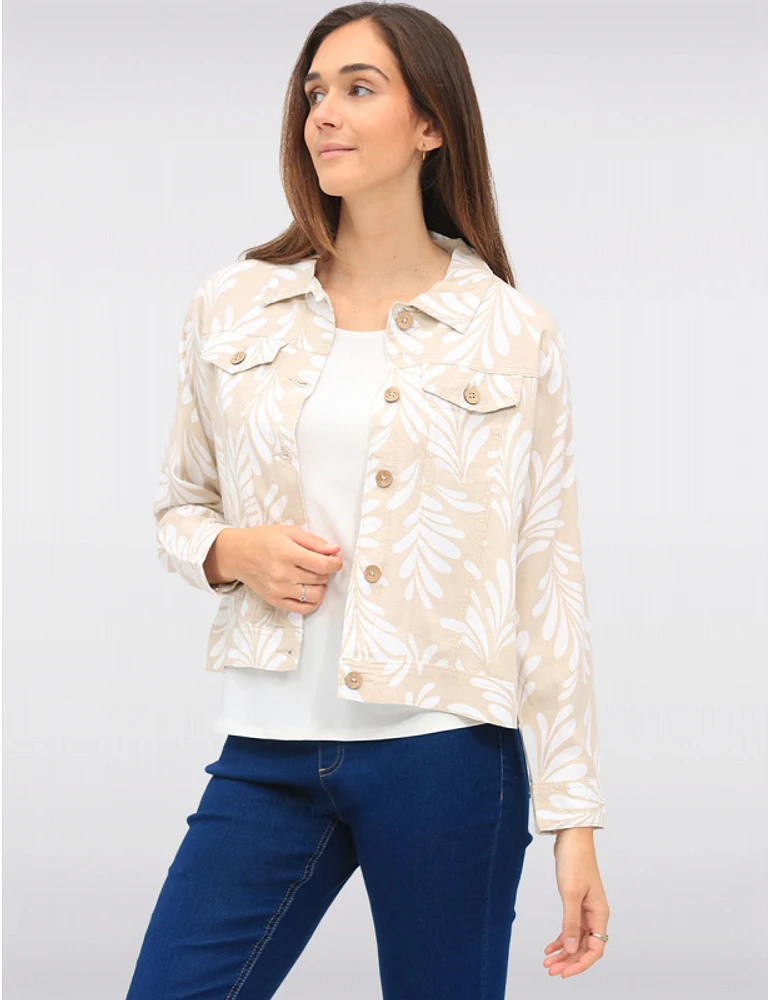 Manteaux | La maison du manteau au Québec Veste Courte Boutonnée Imprimée en Mélange De Lin Beige Avec Poches Par Dash