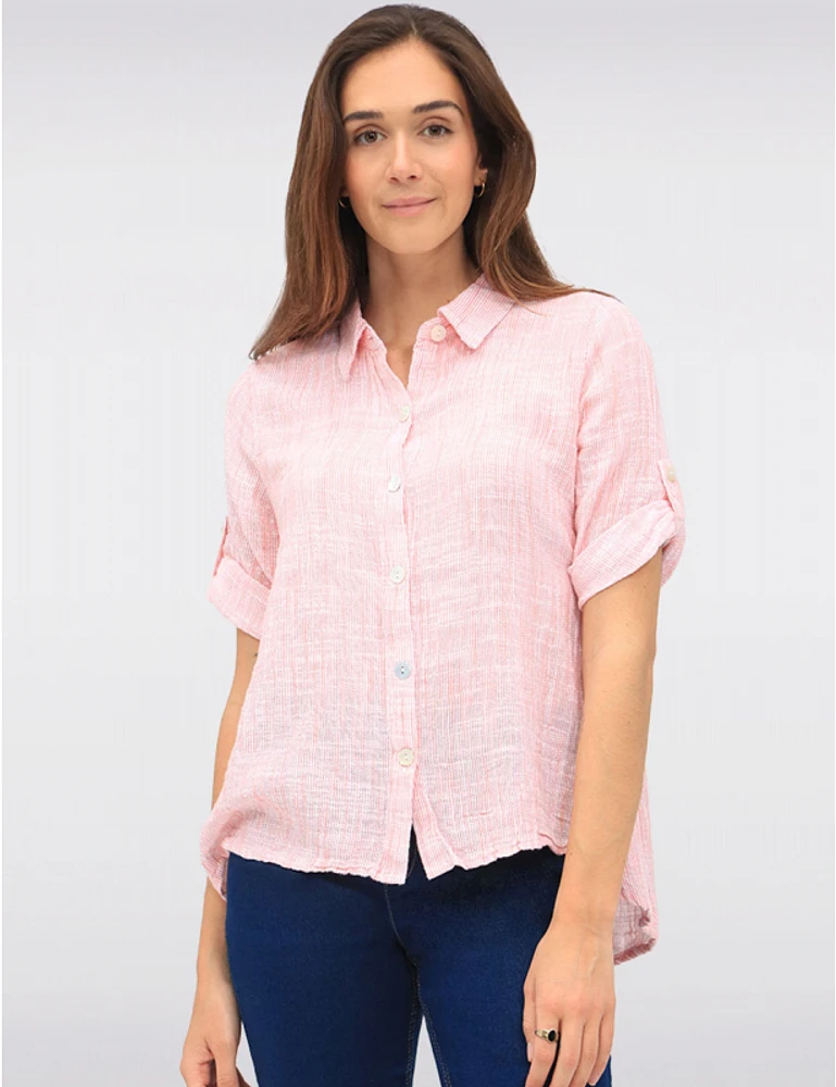 Manteaux | La maison du manteau au Québec Blouse en Coton à Tissage Gaufré Boutonnée avec Manches 3/4 Ajustables par Erika