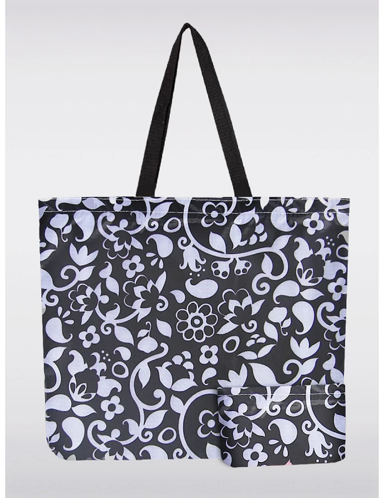 Manteaux Manteaux | La maison du manteau au Québec Sac Tote Noir Imprimé Floral Réutilisable et Pliable - Léger, Recyclé et Compact