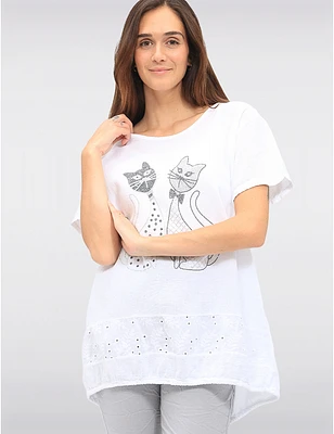 Manteaux | La maison du manteau au Québec Haut en Lin Manches Courtes Design de Chats Strass & Dentelle par Froccella