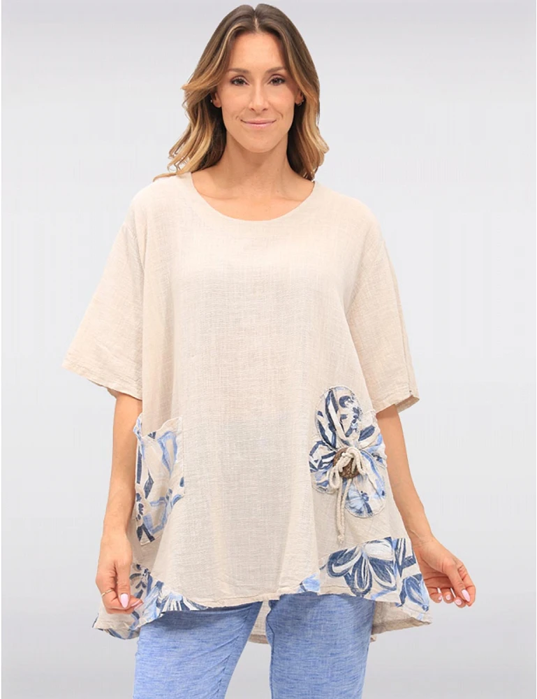 Manteaux | La maison du manteau au Québec Tunique en Lin-coton avec Accent Floral Boutons et Manches Courtes par Froccella
