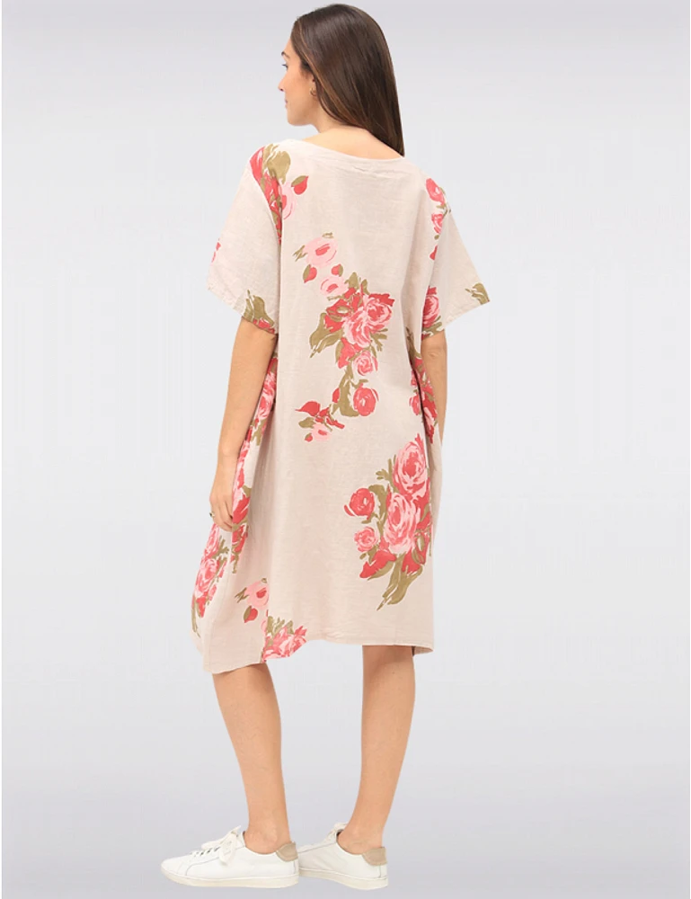 Manteaux Manteaux | La maison du manteau au Québec Robe en Lin Ample à Imprimé Rose Manches Courtes & Poches Plaquées par Froccella